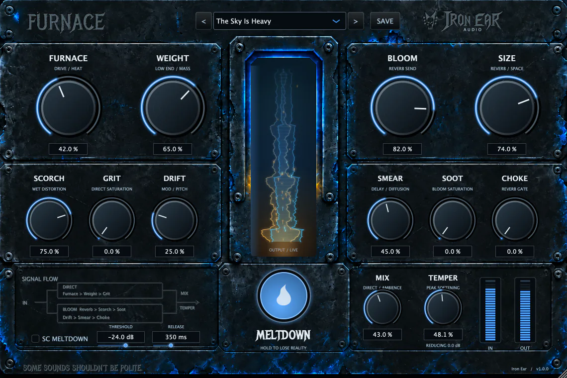 The Furnace plug-in window: twelve knobs on a dark cracked-metal panel around a lit output visualiser, with the Meltdown button below it.