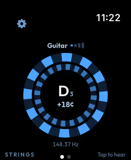 Tuner, strobe display: D3 at plus 18 cents, 148.37 hertz, inside two rings of blue bands.