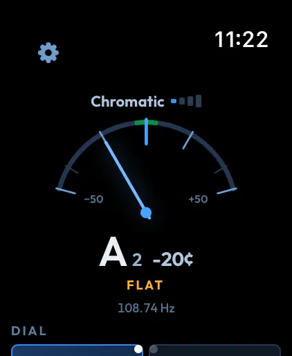 Tuner, Chromatic mode: A2 at minus 20 cents, marked Flat, needle left of centre.