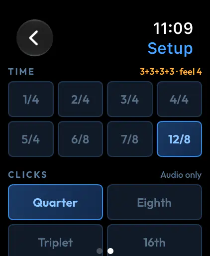 Metronome Setup: eight time signatures with 12/8 selected, grouped 3+3+3+3, and quarter clicks.