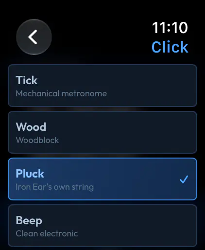 Click sound list: Tick, Wood, Pluck (selected, Iron Ear's own string) and Beep.